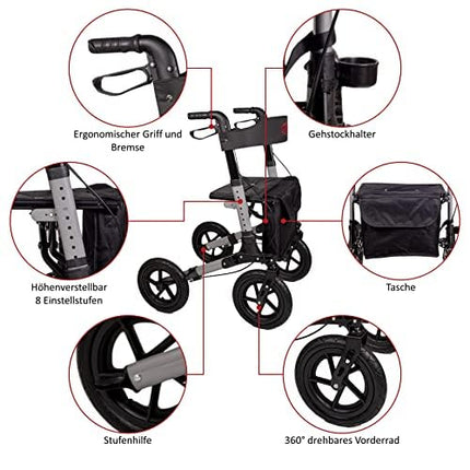 Antar travel rollator with pneumatic tires, folds multiple times for transport. AT51036