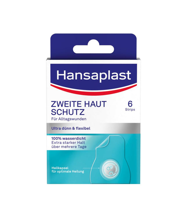 Hansaplast Plaster Second Skin Protection Regular (6 Strips), thin and flexible hydrocolloid plaster with healing capsule technology, waterproof wound plaster with extra strong hold for at least 72 hours