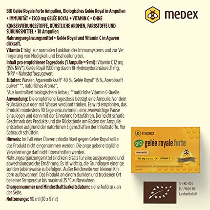 Medex Organic Royal Jelly FORTE, extra strong with 1500 mg royal jelly, liquid in easy-to-open ampoules, with natural vitamin C, from organic farming, 10 x 9 ml