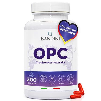 Bandini® Grape Seed Extract 200 Capsules for 3 Months | Highly Dosed with 95% OPC per Capsule | Highest Content According to HPLC | From Italian Grapes | 1052mg Extract with 999.4mg OPC + 24mg Vitamin C
