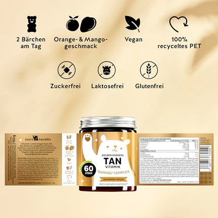 Tanning Gummies - For a sun-kissed tan &amp; natural glow - with lutein, astaxanthin, vitamins C, E, beta-carotene, calcium &amp; copper - Vegan &amp; sugar-free - 60 pieces - Bears with Benefits