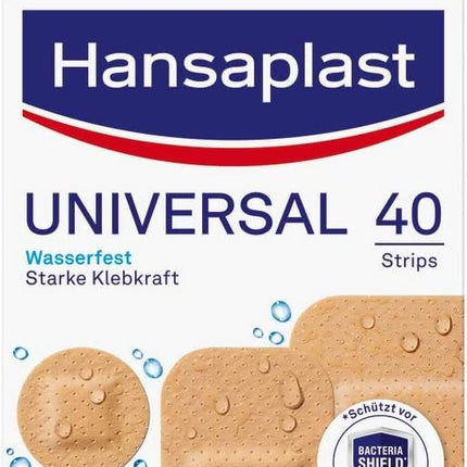 Hansaplast Universal Plasters (40 Strips), dirt- and water-repellent wound plasters, plaster set with strong adhesive power &amp; Bacteria Shield