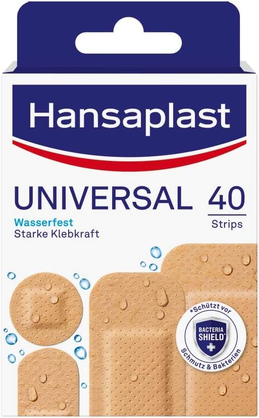 Hansaplast Universal Plasters (40 Strips), dirt- and water-repellent wound plasters, plaster set with strong adhesive power &amp; Bacteria Shield