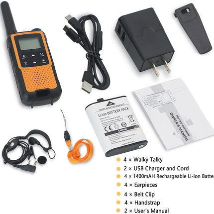 Walkie Talkies for Adults and Kids, Greaval PMR446 Rechargeable Walkie Talkie with Earpiece and USB Cable, 16 Channels, 2-Way Radio, License-Free Walkie Talkie (Orange, 4-Pack)