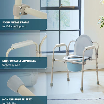 CO-Z Commode Chair for Seniors 135kg Foldable Commode Chair with Armrest Hygienic Commode Chair Toilet Aid WC Chair Height Adjustable Chair for Toilet with Removable Bucket