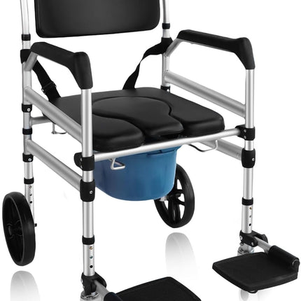 Eosprim height-adjustable toilet wheelchair, toilet chair for seniors with wheels, commode chair for seniors, shower chair with wheels for the disabled, mobile toilet chair with arms