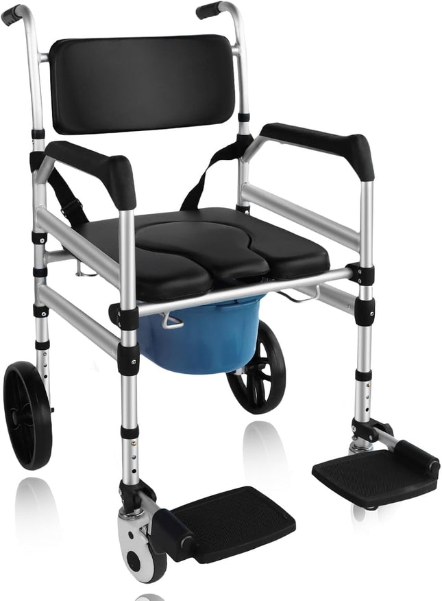 Eosprim height-adjustable toilet wheelchair, toilet chair for seniors with wheels, commode chair for seniors, shower chair with wheels for the disabled, mobile toilet chair with arms