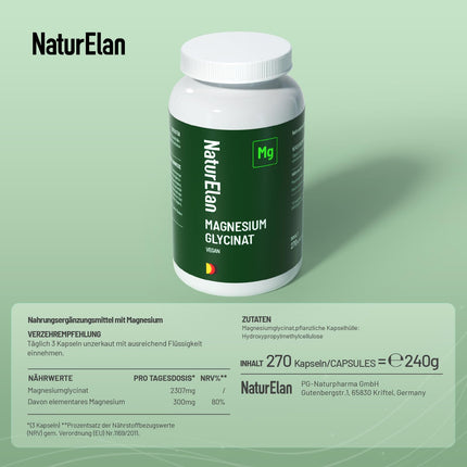 Magnesium Glycinate High Dose Capsules - 270 Capsules, 300mg Magnesium per Daily Dose, Vegan, Produced in Germany