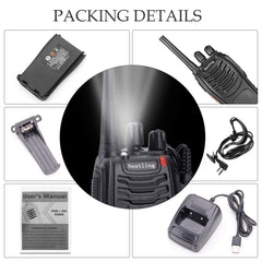 Nestling radio set, walkie talkie 16 channels in both directions, handheld radio with built-in LED flashlight with USB connection and headset (set of 2)