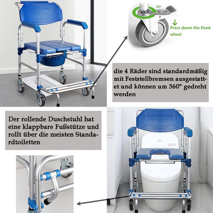 Toilet chair with wheels Shower chair with toilet for seniors Mobile toilet wheelchair with armrests Backrest and toilet bucket up to 150kg Shower chair with wheels for disabled people