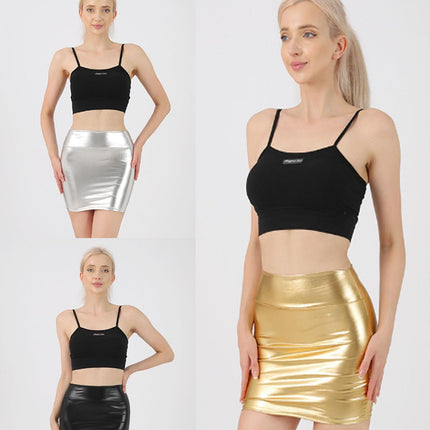 SamHeng Women's Mini Skirt Stretch Metallic Skinny Short Wetlook Sexy High Waist Wrap PU Leather Skirts Slim Faux Leather Pencil Skirts Bodycon Disco Steampunk Party Skirts Clubwear, Black