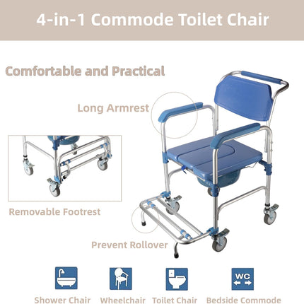 Shower chair with wheels, toilet chair for seniors, wheelchair with shower seat, waterproof chair, commode, load capacity 150 kg for patients, seniors, disabled pregnant women