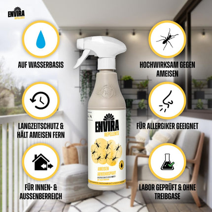 Envira Ant Repellent Spray 500 ml - Long-lasting spray against ants, garden ants, and pharaoh ants - Protection against ants for your home, balcony, terrace, and garden - Effectively keeps ants away (PT19)