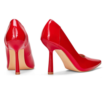 GENSHUO Unique conical stiletto heels – 10 cm high, pointed toe for an elegant and confident style, red patent leather, 39 EU