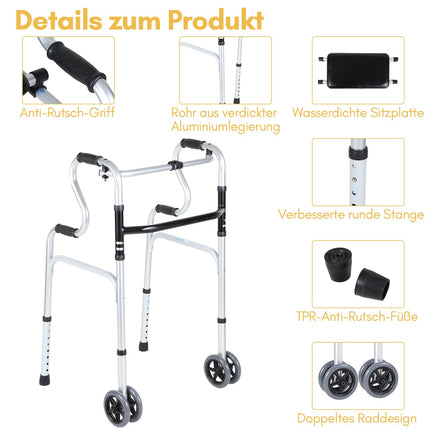 Eulenke walking aid for seniors, folding walking frame with 2 castors, walking aid for adults, height-adjustable walking frame made of aluminum, non-slip, stable walking frame up to 180 kg, silver