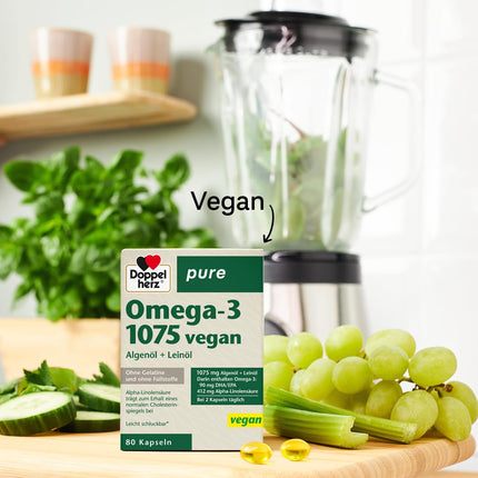 Doppelherz pure Omega-3 1075 vegan - Algae oil + linseed oil - Alpha-linolenic acid contributes to the maintenance of normal cholesterol levels - 80 capsules
