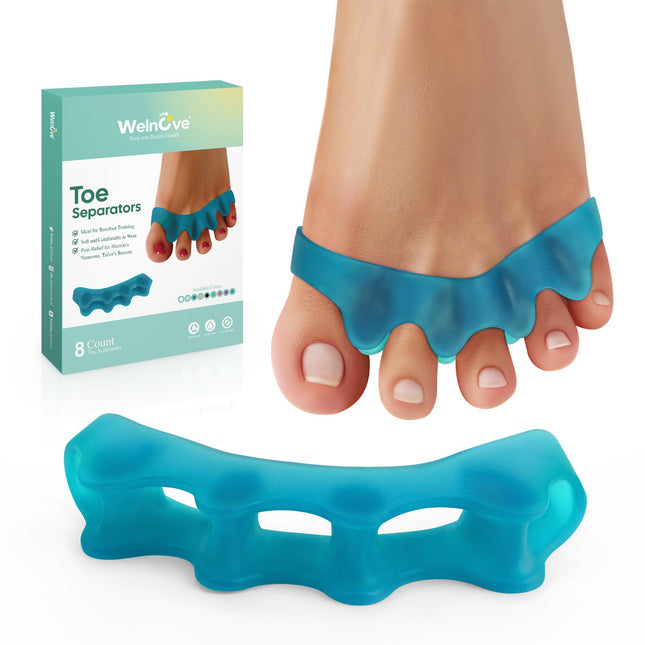 Welnove Silicone Toe Separators for Correcting Hallux Valgus - 8 Pack Toe Spreaders for Men's Feet - Hammer Toe Straightener for Women, Yoga Exercises, Foot Alignment - Blue