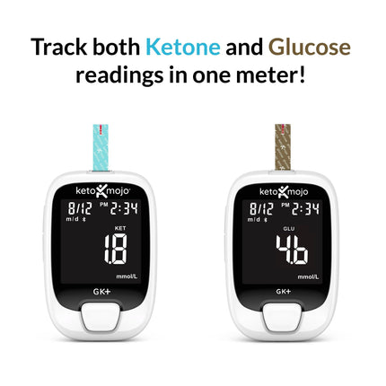 KETO-MOJO GKI Bluetooth Glucose &amp; Ketone Test Kit (mg/dL) + Free Ketosis &amp; Diabetes Monitoring App – 20 Test Strips (10 each), Meter, 20 Lancets, Lancing Device &amp; Control Solutions