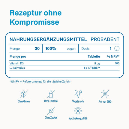 Nupure Probadent | Lozenges with bacterial cultures for the oral flora, lemon flavor, fresh breath against bad breath | Oral hygiene without mouthwash or tongue cleaner (30 capsules - 30 days)