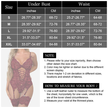 AUYAO Lingerie Sets for Women Lace Bodysuit Teddy Mesh Underwear Teddy Babydolls Lingerie with Thigh Garter Belt Without Stockings Adjustable V-Neck Sexy Lingerie Suspender Set (Red Wine, M)