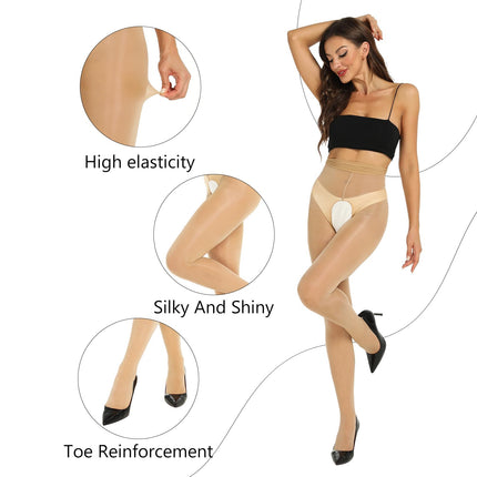 Yilanmy Shiny Tights Open Crotch For Women Sexy Tights Open Crotch Shiny Dance Tights 2 Pairs (Black+Natural, L-XL)