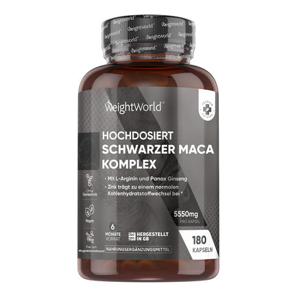 Maca Capsules - 5550mg per capsule - 6 Month Supply - Black &amp; Yellow Maca Complex with L-Arginine, Panax Ginseng, Black Pepper &amp; Zinc - 180 Capsules - WeightWorld