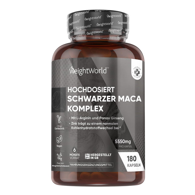Maca Capsules - 5550mg per capsule - 6 Month Supply - Black &amp; Yellow Maca Complex with L-Arginine, Panax Ginseng, Black Pepper &amp; Zinc - 180 Capsules - WeightWorld