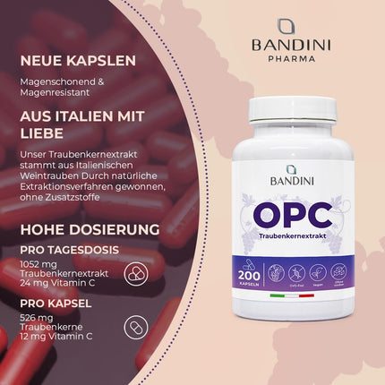 Bandini® Grape Seed Extract 200 Capsules for 3 Months | Highly Dosed with 95% OPC per Capsule | Highest Content According to HPLC | From Italian Grapes | 1052mg Extract with 999.4mg OPC + 24mg Vitamin C