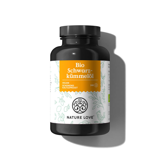 NATURE LOVE® Organic Black Cumin Oil - 240 vegan capsules - high dosage: 1000mg Egyptian per daily dose - of which 50% linoleic acid - cold-pressed, naturally produced and laboratory-tested