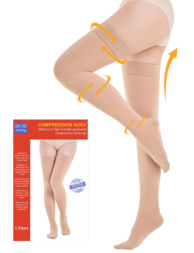 20-30 mmHg Medical Compression Stockings for Women &amp; Men Class 2, Closed Toe Long Support Stockings Thrombosis Stockings with Silicone Band for Varicose Veins Edema Flight (Beige, 3XL)