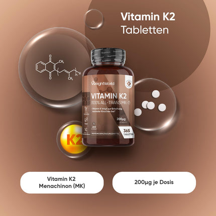 Vitamin K2 MK7-365 vegan tablets - 200µg per dose - 100% all-trans menaquinone - 1 year supply - Vitamin K supplements from WeightWorld