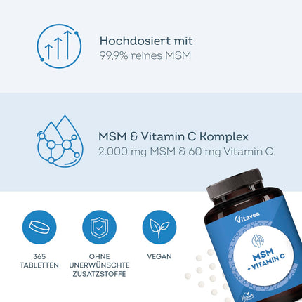 MSM 2000mg with Vitamin C - 99.9% pure MSM - 365 vegan tablets - Laboratory tested, no unwanted additives - Vitavea