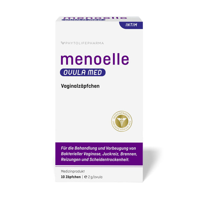 menoelle® OVULA med - Vaginal Suppositories. For bacterial vaginosis, vaginal yeast infections, and vaginal dryness. With lactic acid and hyaluronic acid. Hormone-free and preservative-free. 10 suppositories.