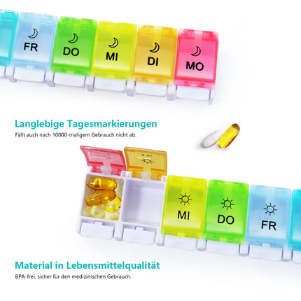 MOLN HYMY 7-Day Pill Box, 2 Compartments, Morning and Evening Pill Box, Large Capacity, BPA-Free, 14 Compartments, Push Button (Rainbow)
