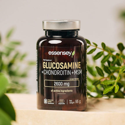 ESSENSEY - Glucosamine Chondroitin MSM I 2600 mg active ingredients per recommended daily dose I 120 Capsules I MSM 600 mg I 30 daily doses I Easy to swallow