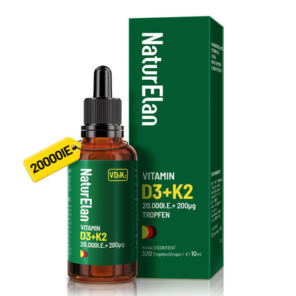 Vitamin D3 K2 high-dose drops - 20,000 IU + Vitamin K2 MK7 200 mcg per dose, Vegetarian, No additives, Produced in Germany
