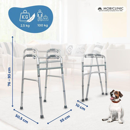 Mobiclinic®, Walking Aid, Walking Frame, Narrow, Stable, Foldable, 4 Rubber Feet, Made of Aluminum, Lightweight, European Brand, Height Adjustable, Ergonomic Handles, Only 2.5 kg, Silver, Model Columna