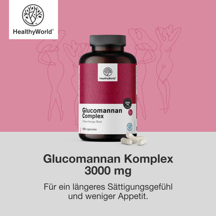 HealthyWorld® Glucomannan Complex 3000 mg – From Konjac Root – 180 Capsules – To Support Weight Loss – With Added Choline, Chromium, Vitamins D3 and B3 – Non-GMO – 1-Month Supply