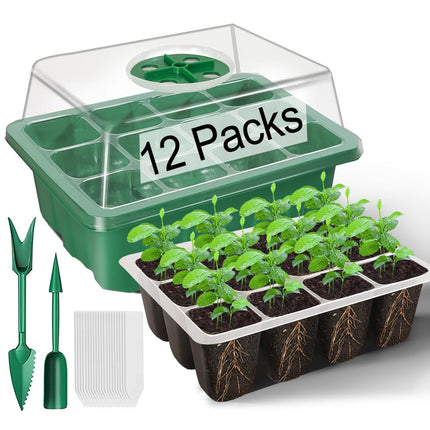TOYPOPOR 12 Pack Indoor Greenhouse Propagator, 144 Mini Greenhouse Propagation Set with Raised Lid, Reusable Propagation Tray, Seedling Starter Trays for Seedlings - Green