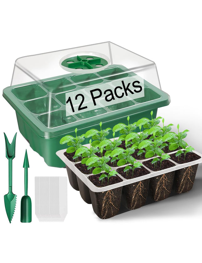 TOYPOPOR 12 Pack Indoor Greenhouse Propagator, 144 Mini Greenhouse Propagation Set with Raised Lid, Reusable Propagation Tray, Seedling Starter Trays for Seedlings - Green