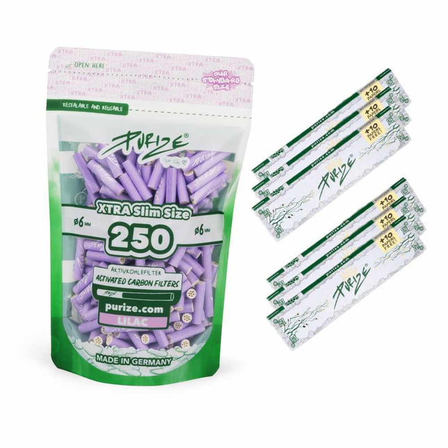 PURIZE Bundle 250 x Xtra Slim Size Activated Carbon Filters 5.9mm + 6 Packets (252 Papers) PURIZE Long Papers (Lilac)