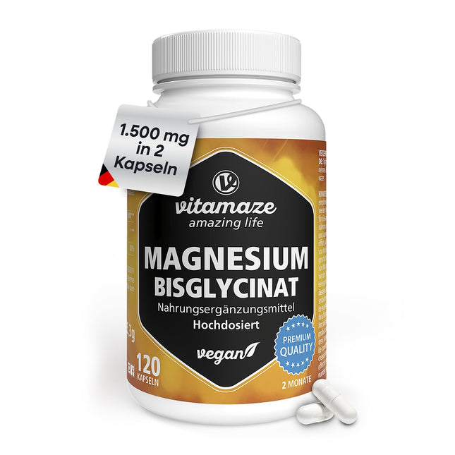 Magnesium bisglycinate capsules, high-dose, 1500 mg in just 2 capsules, including 300 mg elemental magnesium per daily dose, 120 vegan capsules for 2 months, no additives, Made in Germany