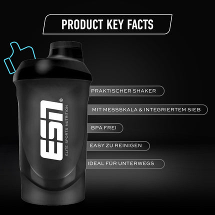 ESN Shaker, Black, 600 ml, leak-proof, shaker with measuring scale for easy dosing, free from BPA &amp; DEHP