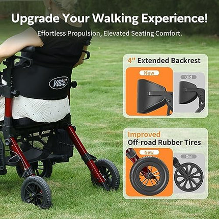 VOCIC 2 in 1 Wheelchair Rollator Foldable and Lightweight with Seat, Outdoor Rubber Tires for All Terrain, Lightweight Rollators with Mesh Bag, Aluminum Walking Aid Transport Chair, Red (5 Year Warranty)