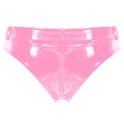 MSemis women's wetlook string thong open briefs hot pants patent leather shorts underwear erotic lingerie gogo panties sexy lingerie with zipper pink CL