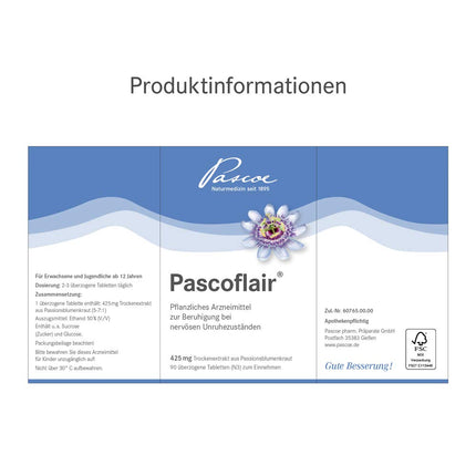 Pascoflair: 90 tablets - herbal sedative - for nervous restlessness, e.g., due to stress - 425 mg concentrated extract per tablet corresponds to 4250-6375 mg passionflower (daily dose)