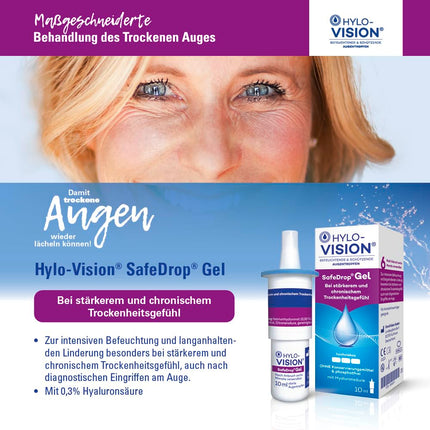 Hylo-Vision SafeDrop Gel Eye Drops – Relief from severely and chronically dry eyes, intensive moisturizing, highly viscous, preservative-free, suitable for contact lenses, 10 ml
