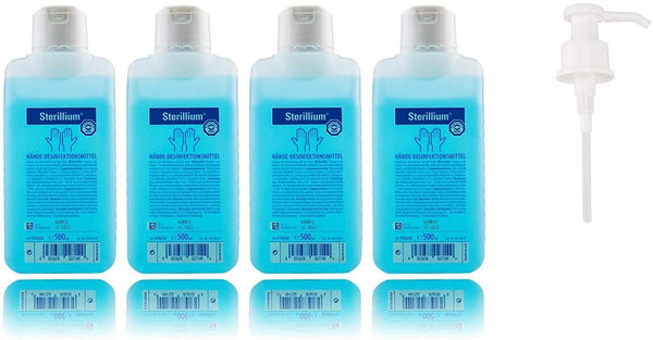4x Sterillium 500ml hand disinfectant for safe, efficient, skin-friendly infection protection (+ pump)