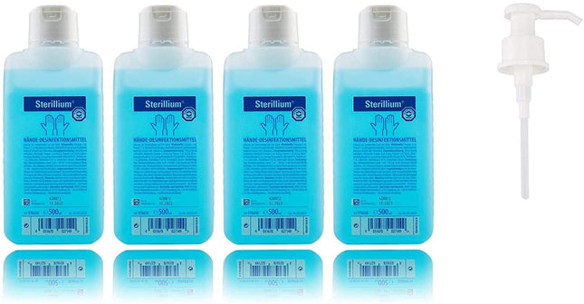 4x Sterillium 500ml hand disinfectant for safe, efficient, skin-friendly infection protection (+ pump)
