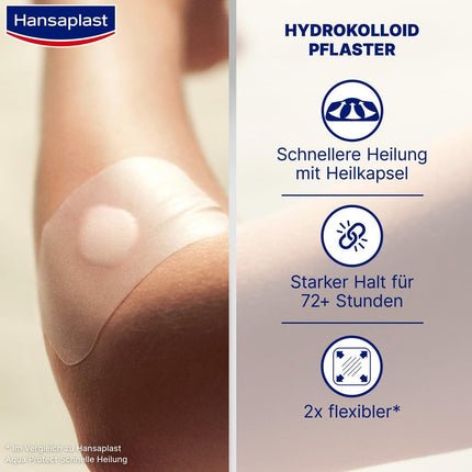 Hansaplast Plaster Second Skin Protection Large (3 Strips), thin and flexible hydrocolloid plaster with healing capsule technology, waterproof wound plaster with extra strong hold for at least 72 hours